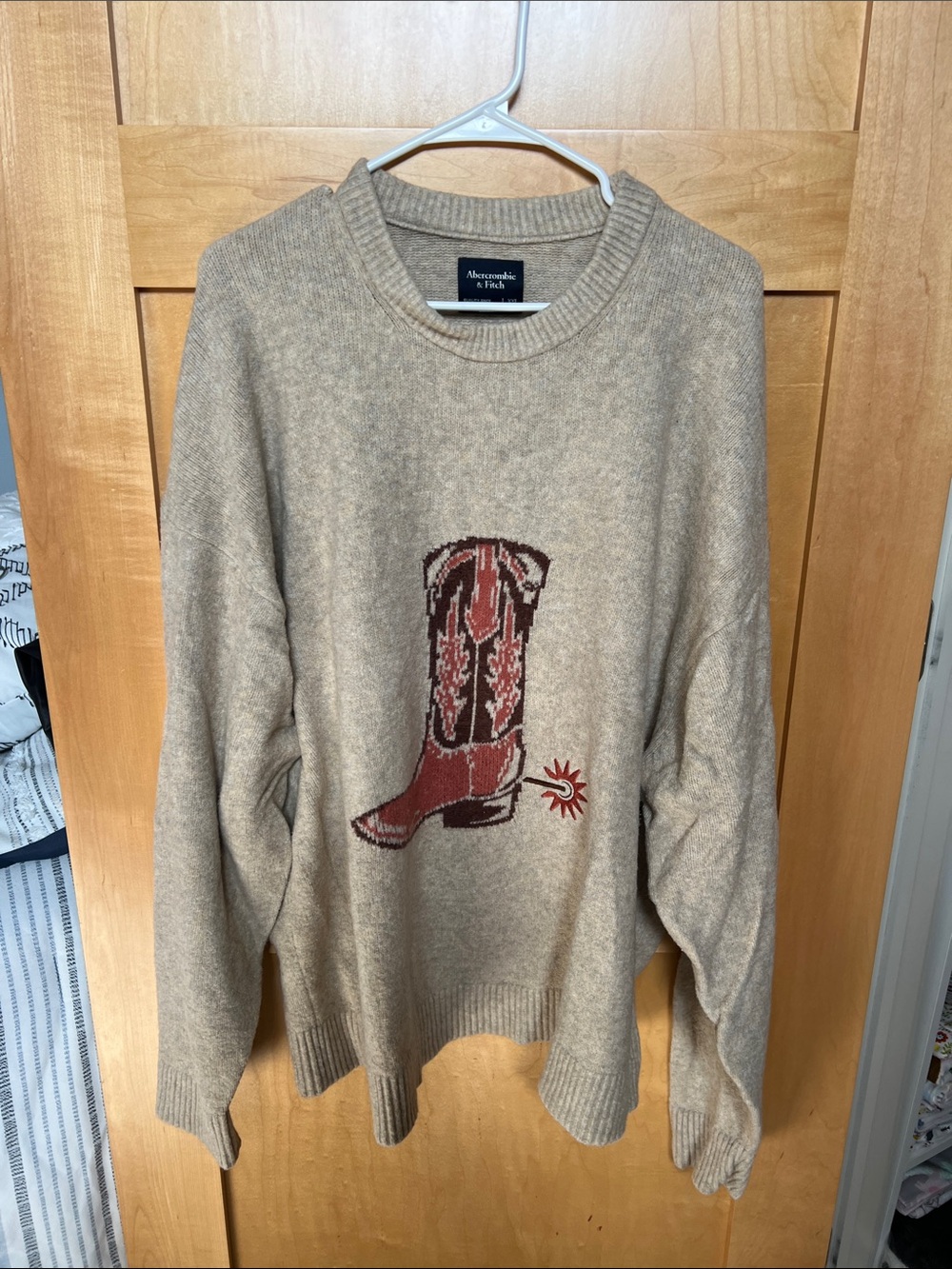 Abercrombie & Fitch Tan Crewneck Sweater with Red Western Boot Graphic